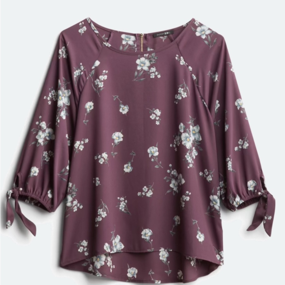 Floral Purple Tie Sleeve Blouse with 3/4 Sleeves